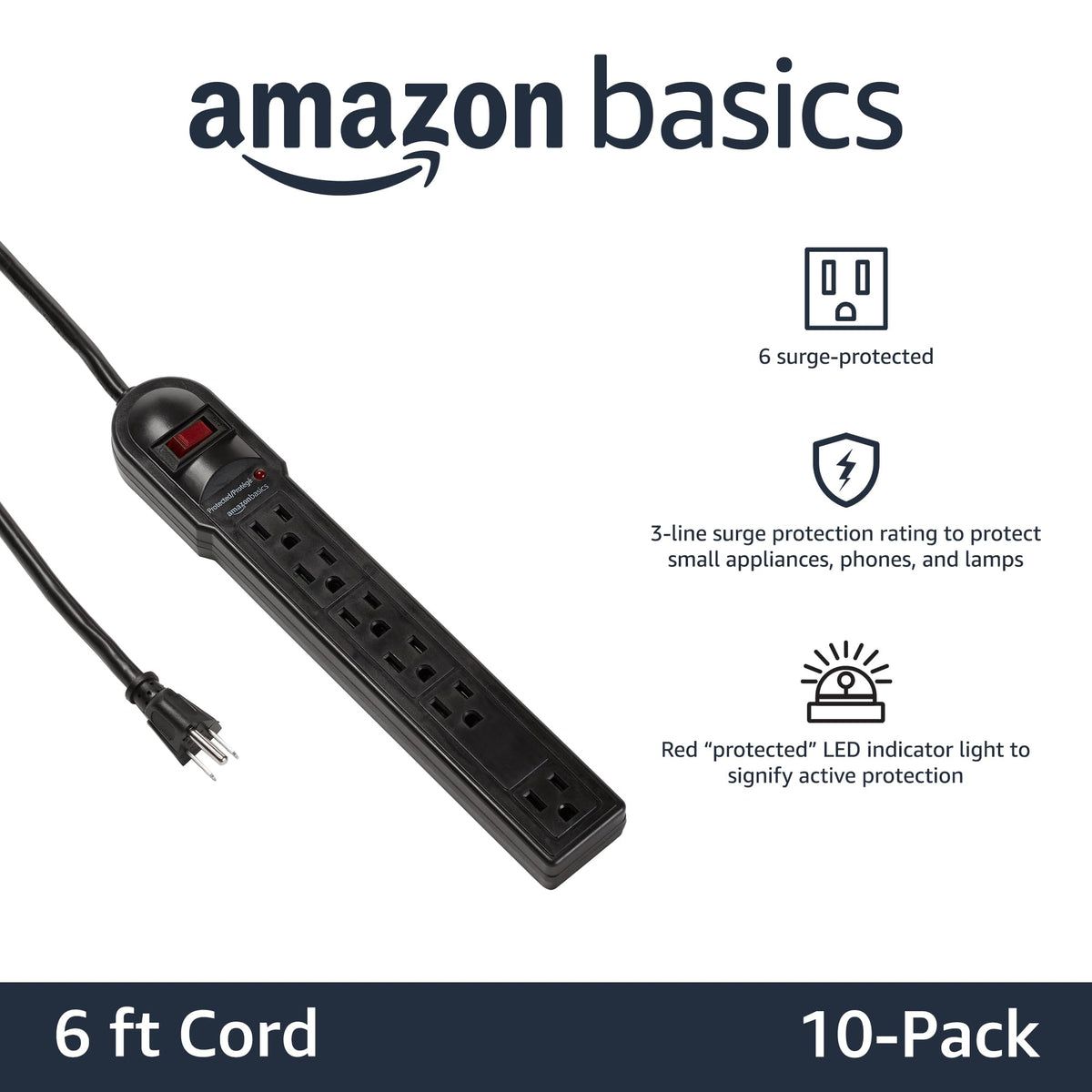 Amazon Basics Surge Protector Power Strip, 6-Outlet, 790 Joules, Circuit Breaker, LED Indicator, 6ft Extension Cord, Black, 10-Pack