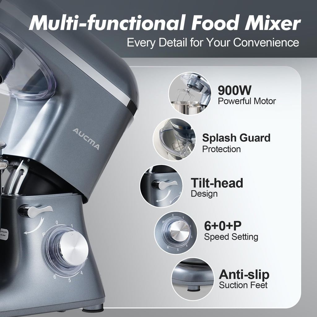 Aucma Stand Mixer,8QT 900W Tilt-Head Food Mixer, Kitchen Electric Mixer with Dough Hook, Wire Whip & Beater (Gray, 8QT)