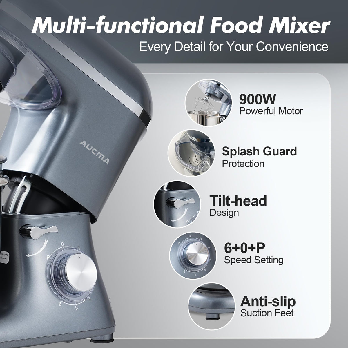 Aucma Stand Mixer,8QT 900W Tilt-Head Food Mixer, Kitchen Electric Mixer with Dough Hook, Wire Whip & Beater (Gray, 8QT)