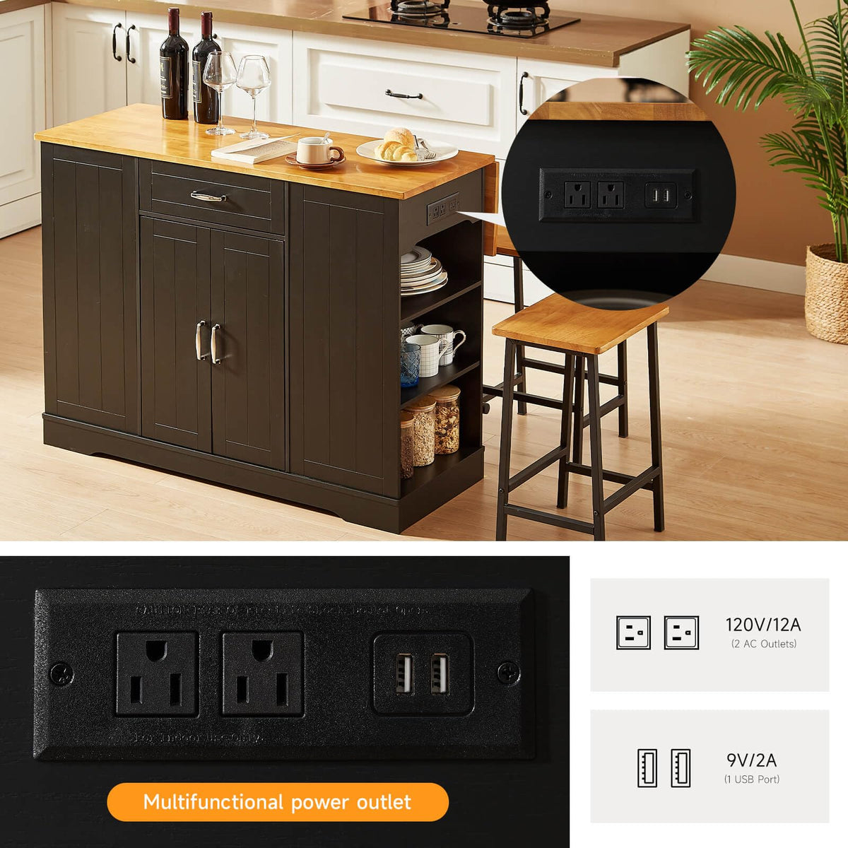 47" Kitchen Island with Trash Can Storage, Include 2 Chairs, Black
