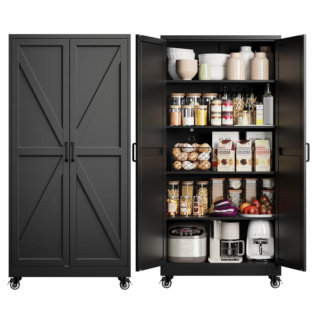 Metal Pantry Storage Cabinets with Doors and Shelves,75" Tall White