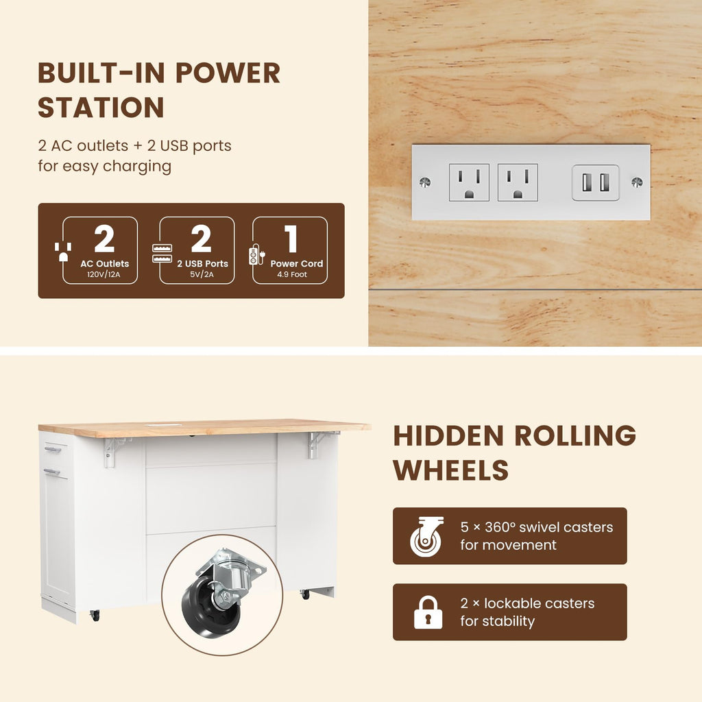 Dripex 53'' Rolling Kitchen Island with Power Outlet, Drop Leaf & Trash Can