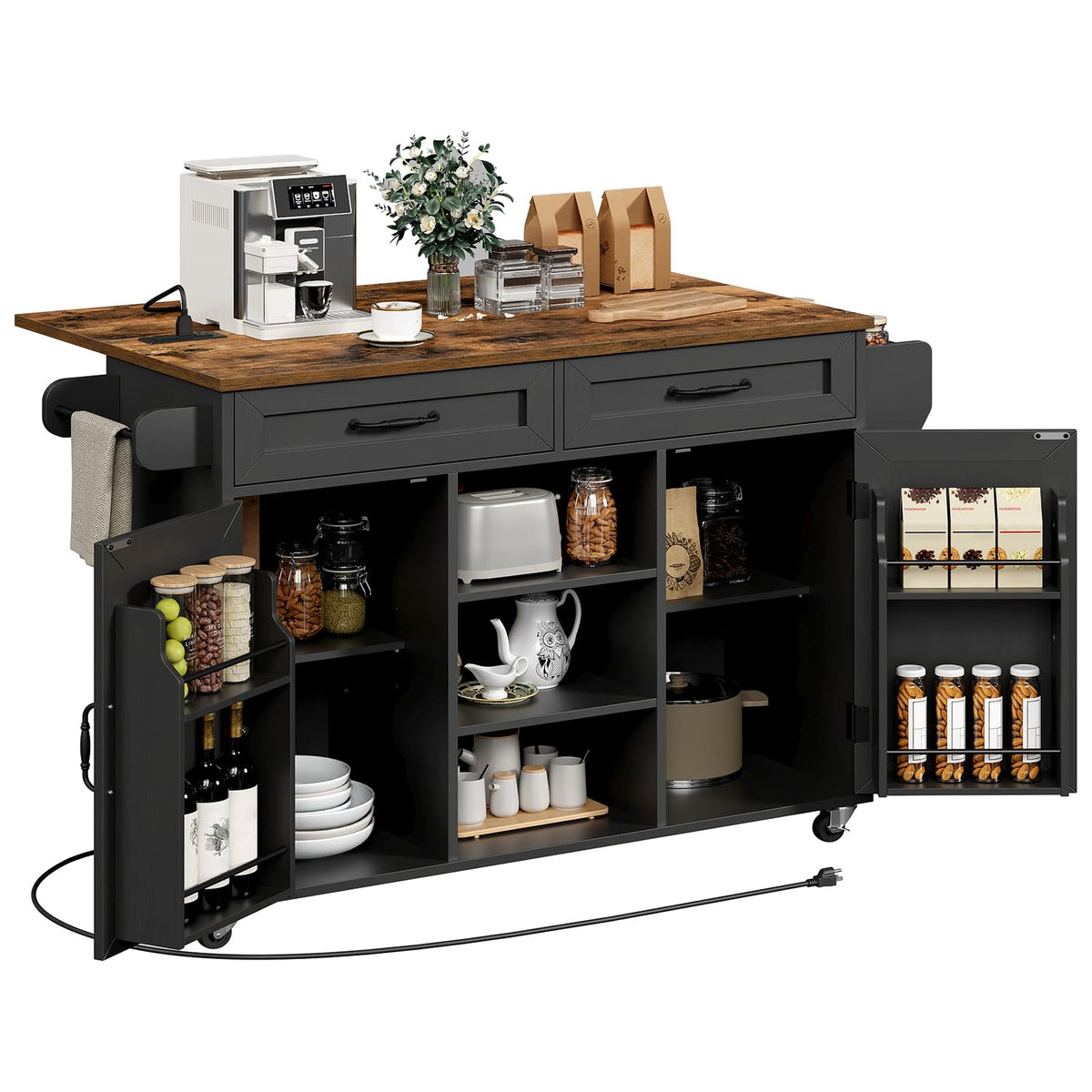 Kitchen Island with Power Outlets & Drop Leaf, Kitchen Cart with Storage, Drawer and Spice Rack, Tower Rack, Island Table, Black and Rustic Brown