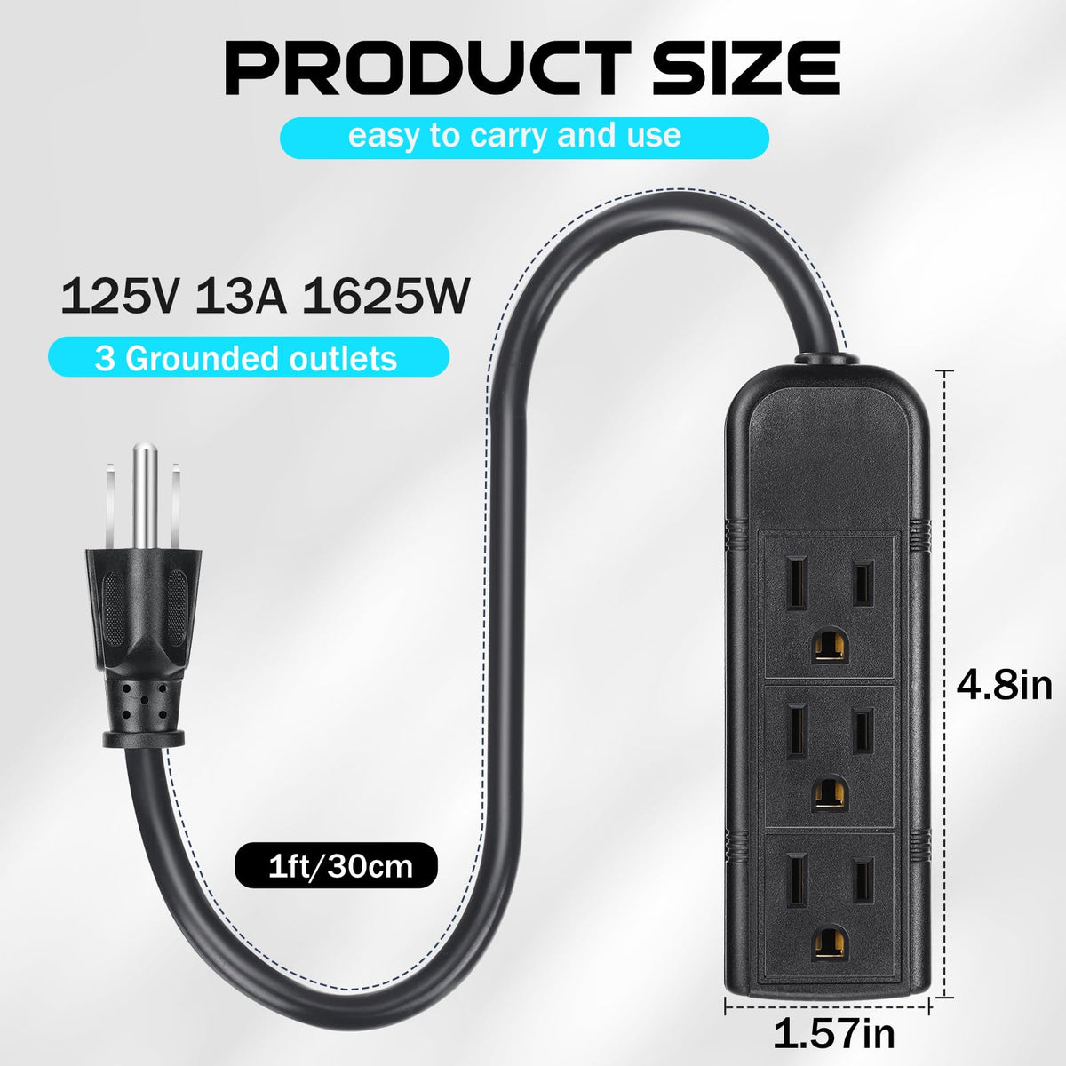 Copkim 36 Pack 3 Outlet Power Strip Flat Plug Extension Cord, 1 ft, Black