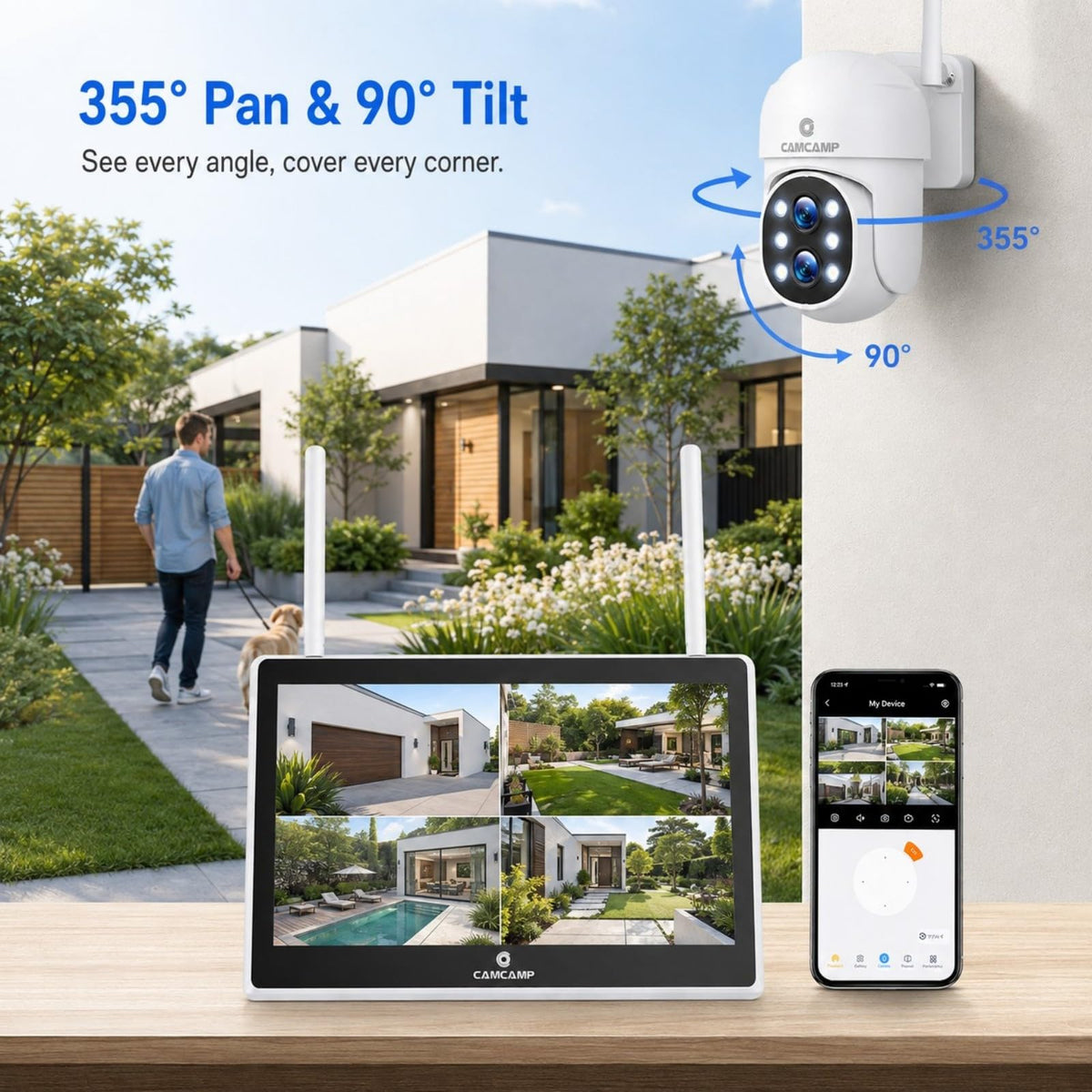 Camcamp Wireless Security Camera System with Monitor, PTZ Plug-in Outdoor