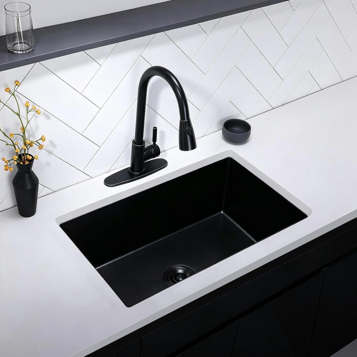 28 Inch Undermount Kitchen Sink Black, 28x18 Gunmetal Black 16 Gauge Stainless Steel Single Bowl Under Mount Commercial Kitchen Sinks 9 Inch Deep Includes Drain
