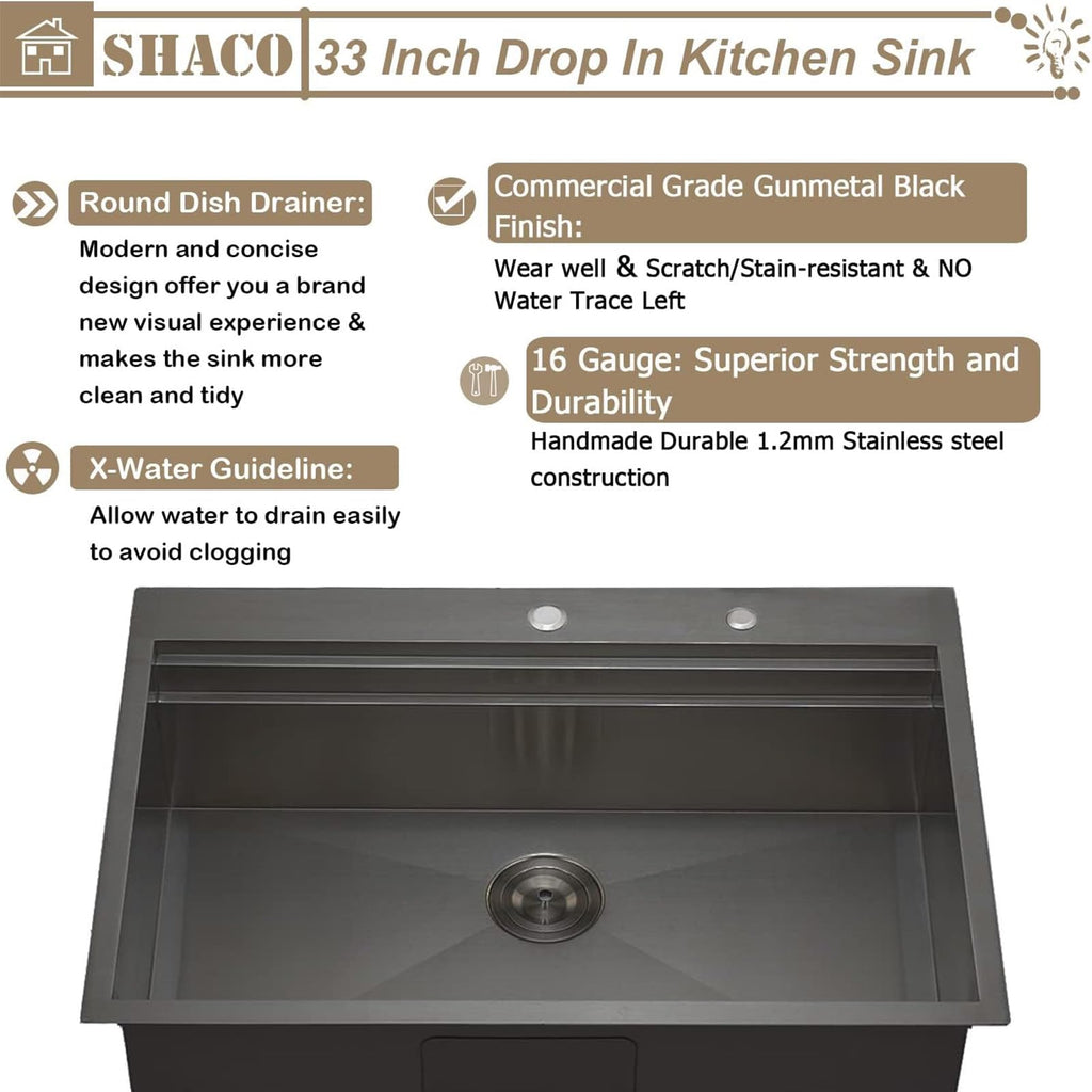 33x22 Black Drop In Kitchen Sink, 33 Inch All In One Topmount Gunmetal Black Stainless Steel Single Bowl Overmount Double Ledges Workstation Sink with Accessories