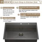 33x22 Black Drop In Kitchen Sink, 33 Inch All In One Topmount Gunmetal Black Stainless Steel Single Bowl Overmount Double Ledges Workstation Sink with Accessories