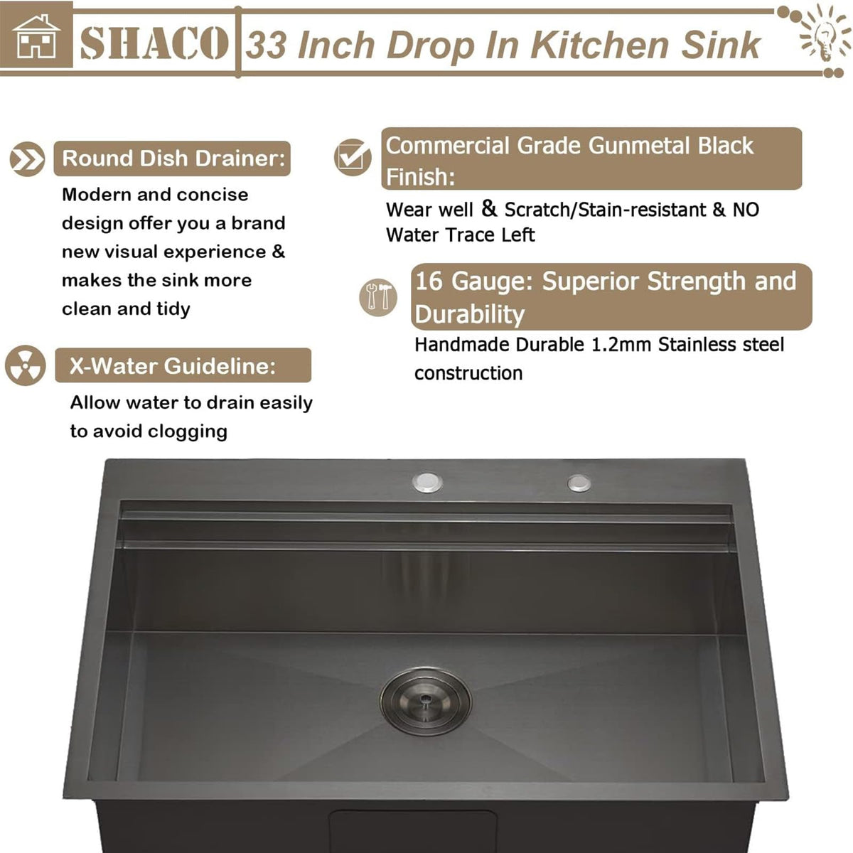 33x22 Black Drop In Kitchen Sink, 33 Inch All In One Topmount Gunmetal Black Stainless Steel Single Bowl Overmount Double Ledges Workstation Sink with Accessories