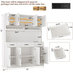 White 72" Tall Kitchen Pantry Cabinet with Charging Station 55" Wide Hutch with LED Light and Countertop
