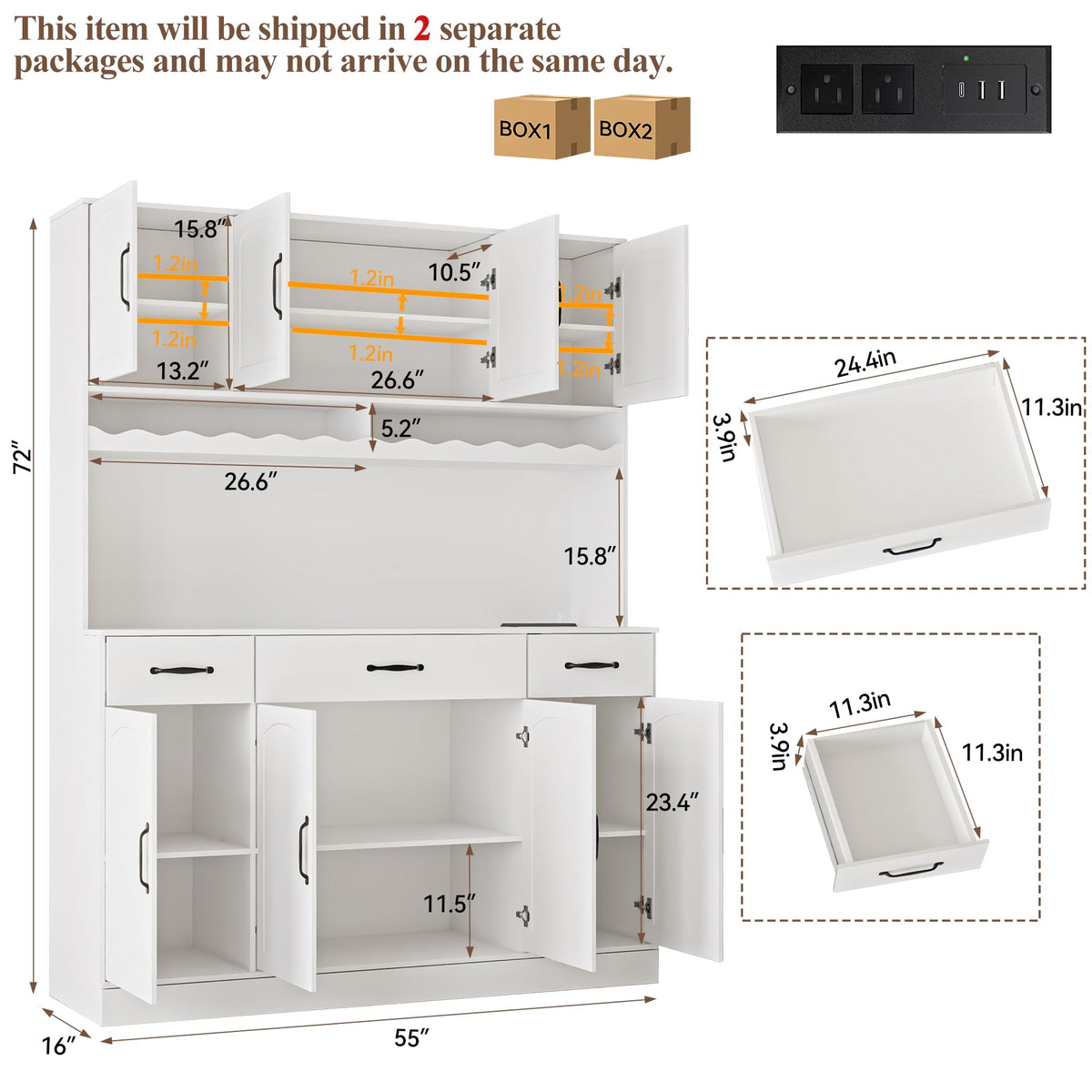 White 72" Tall Kitchen Pantry Cabinet with Charging Station 55" Wide Hutch with LED Light and Countertop