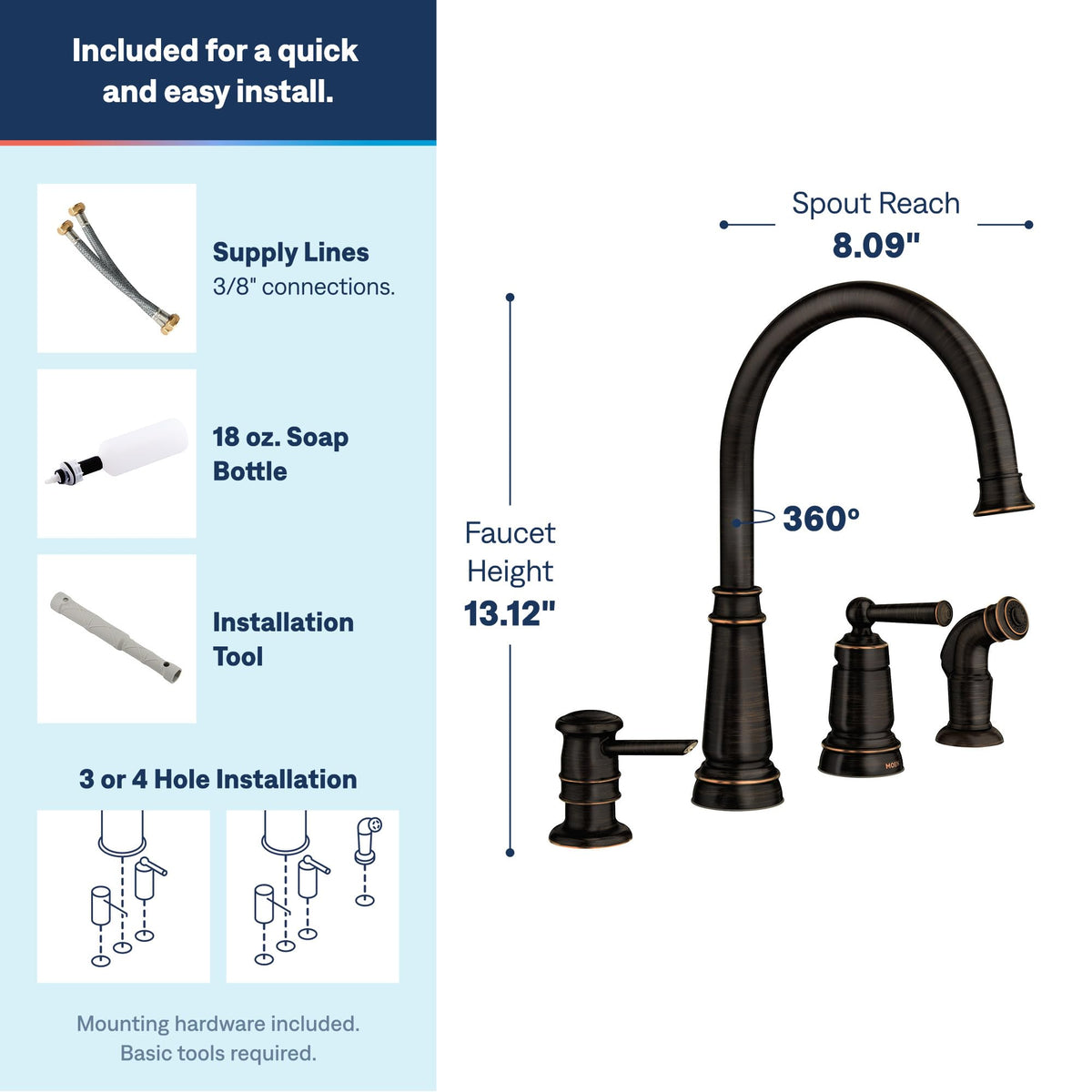 Moen 87042BRB Mediterranean Bronze High Arc Kitchen Faucet with Soap Dispenser