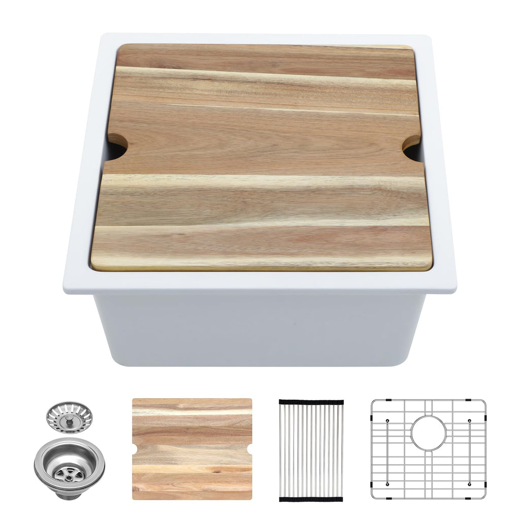 Lordear 18 Inch White Kitchen Sink Granite Composite Undermount Bar Workstation 18x18 White Quartz Sinks Under Counter Single Bowl with Classic Gold Accessories