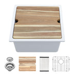 Lordear 18 Inch White Kitchen Sink Granite Composite Undermount Bar Workstation 18x18 White Quartz Sinks Under Counter Single Bowl with Classic Gold Accessories