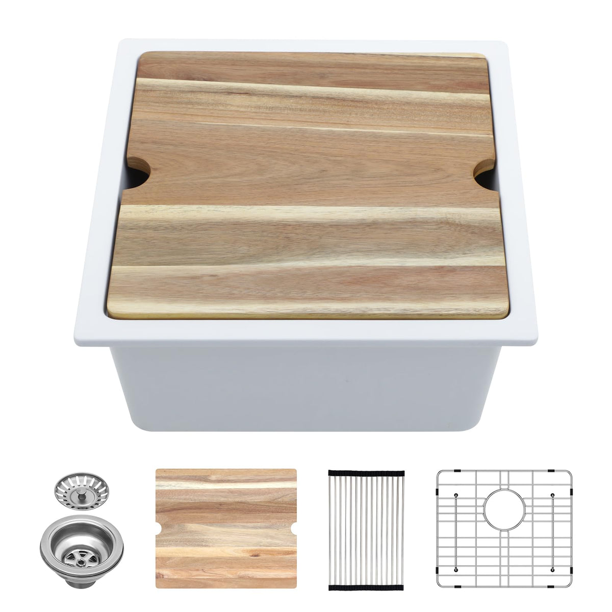 Lordear 18 Inch White Kitchen Sink Granite Composite Undermount Bar Workstation 18x18 White Quartz Sinks Under Counter Single Bowl with Classic Gold Accessories