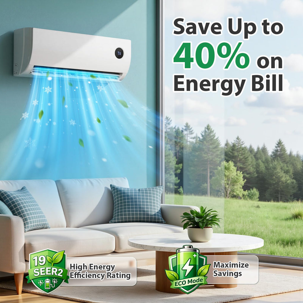 Mini Split AC with Heat Pump, Ductless Mini Split Air Conditioner Heat System with Quiet Operation, All-In-One Kit, 24H Timer, 115V, 19 SEER2 Energy Efficient for 750 Sq.Ft