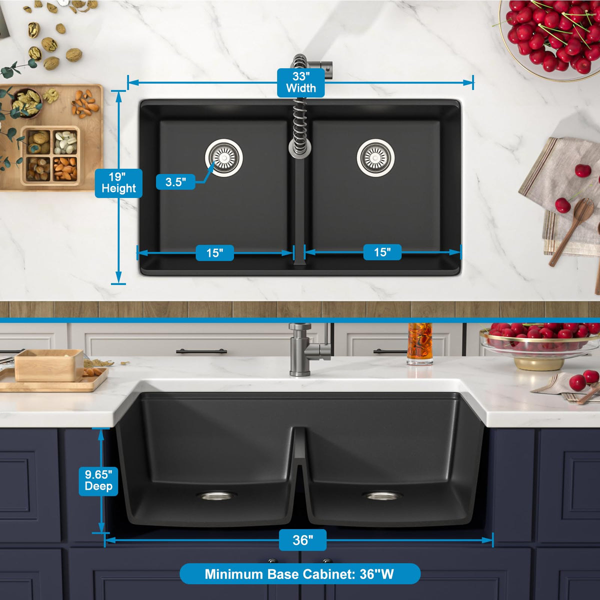 33 Inch Black Undermount Granite Composite Kitchen Sink- Under Counter Quartz Double Bowl Workstation Sinks with Accessories Quick Drain Noise Reduction Classic Style
