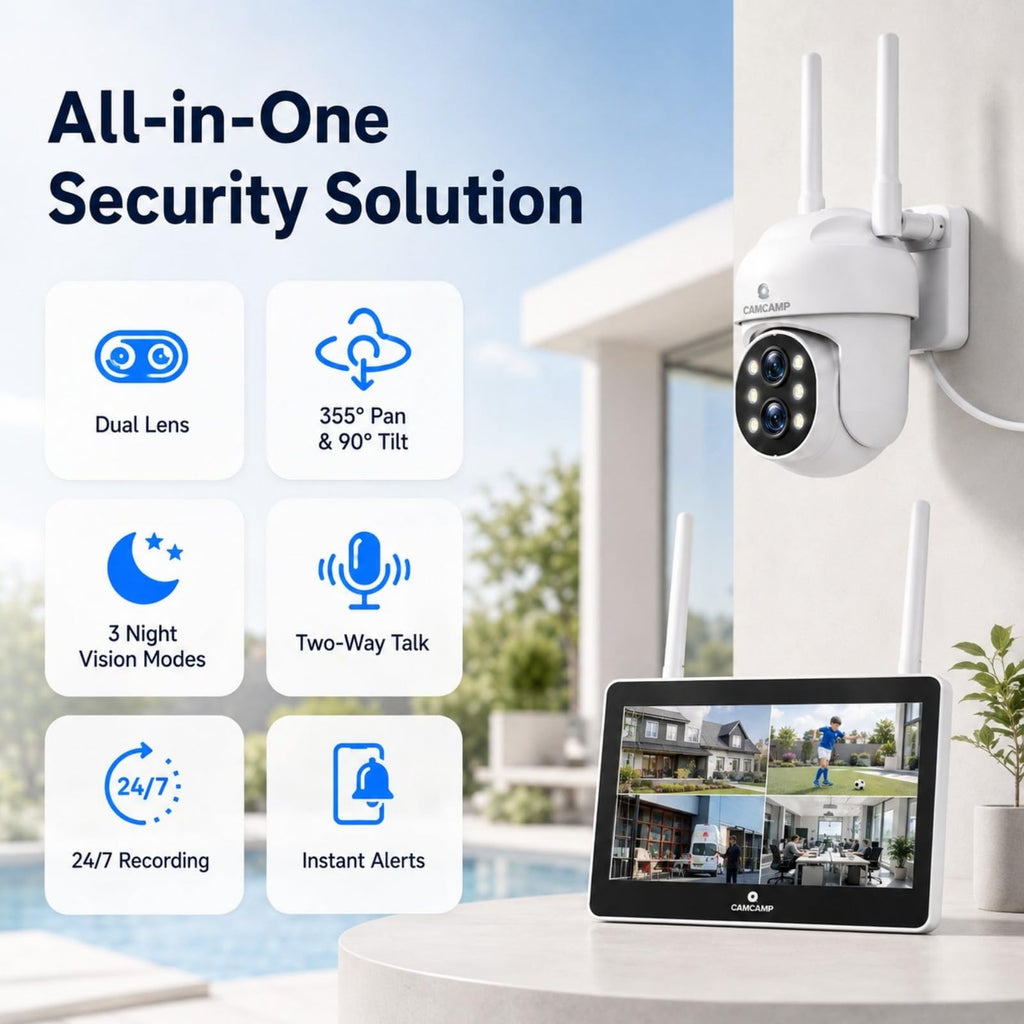 Camcamp Wireless Security Camera System with Monitor, 4 PTZ Outdoor Cameras
