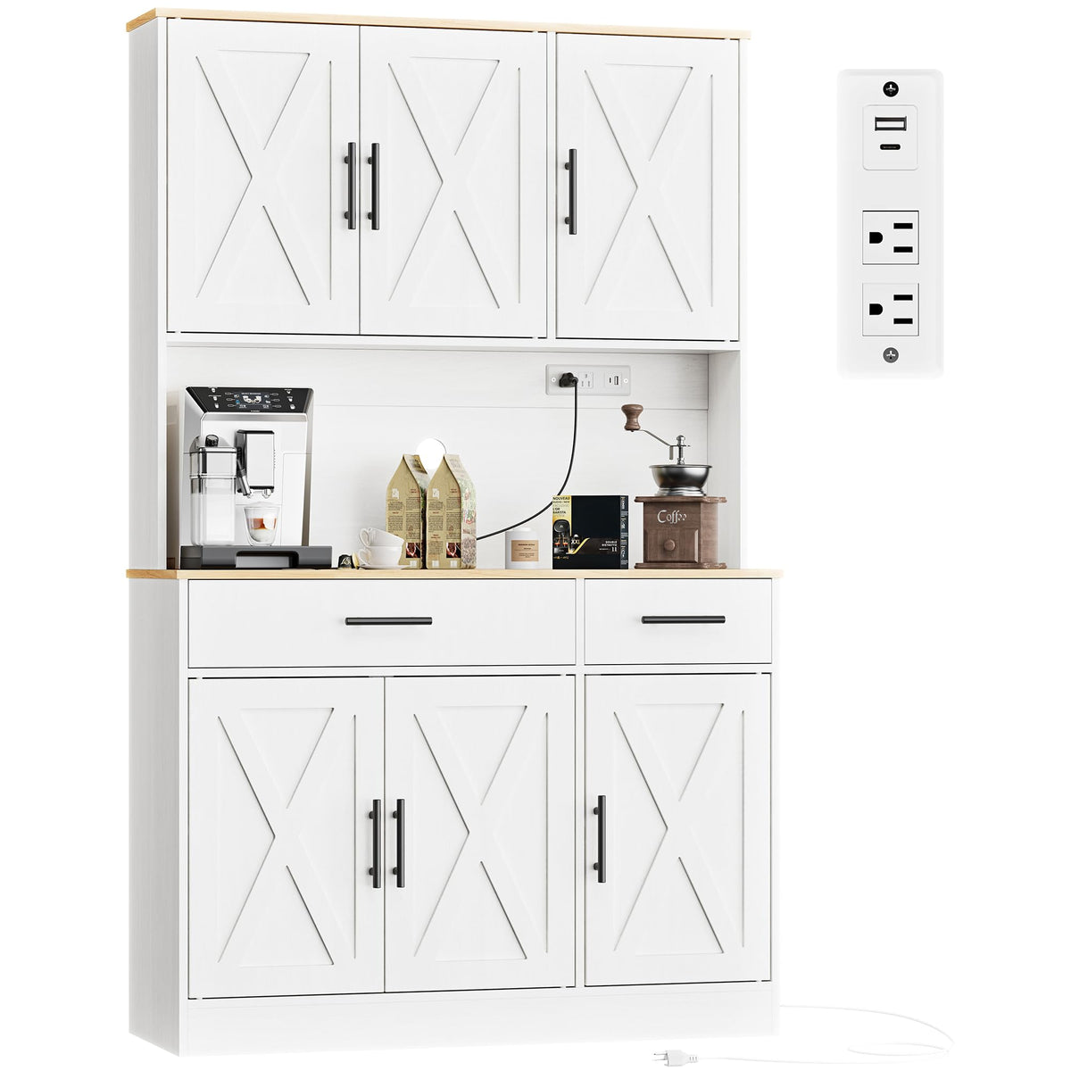 70”Tall Pantry Cabinet w/Charging Station, Kitchen Storage Cabinet