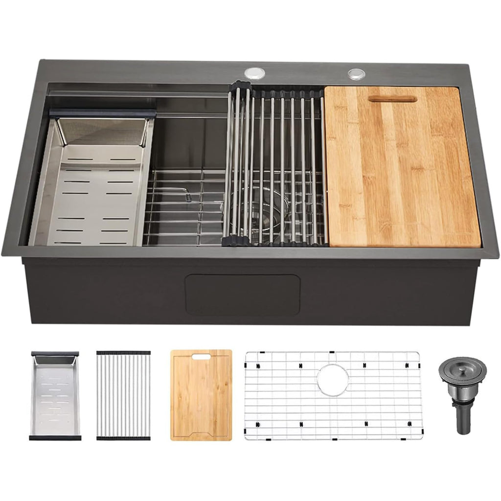 33x22 Black Drop In Kitchen Sink, 33 Inch All In One Topmount Gunmetal Black Stainless Steel Single Bowl Overmount Double Ledges Workstation Sink with Accessories