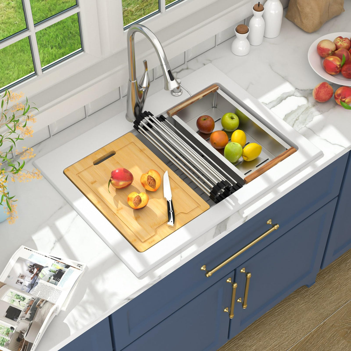 Lordear 18 Inch White Kitchen Sink Granite Composite Undermount Bar Workstation 18x18 White Quartz Sinks Under Counter Single Bowl with Classic Gold Accessories