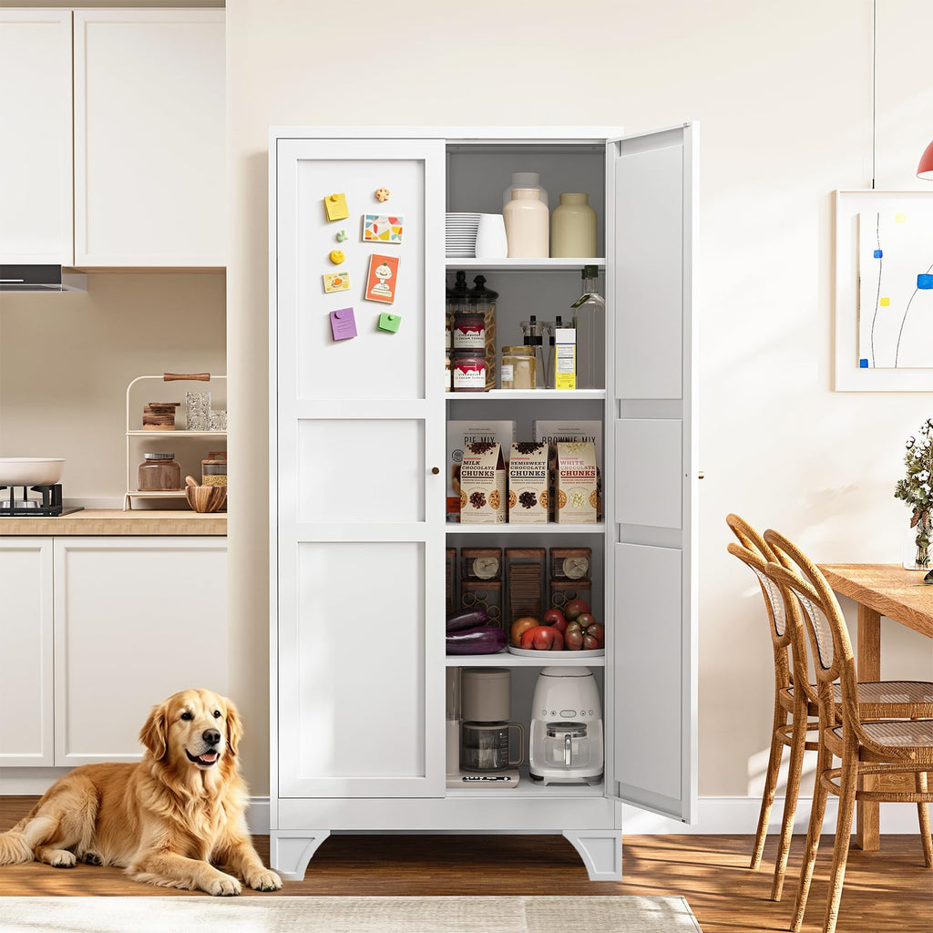 Metal Pantry Storage Cabinets with Doors and Shelves,75" Tall White