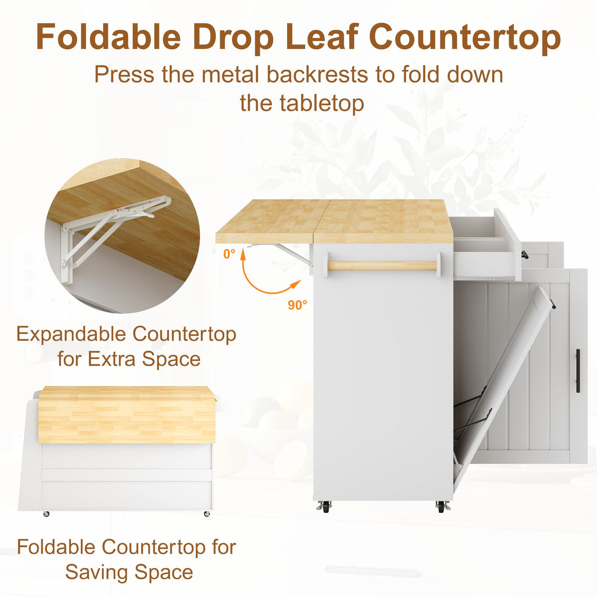 65" Kitchen Island with Drop Leaf, Rolling Island with Spice Rack & Towel Rack, Mobile Kitchen Island Cart with 2 Draws & Trash Storage Cabinet, Portable Island Table on Wheels for Kitchen