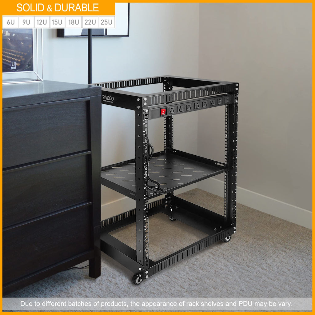 22U Open Frame Server Rack with Brake Casters +19" Rail Mounting PDU (8 Outlets) Power Strip with Surge Protector + 2PCS Rack Shelves Cantilever Tray Set Black