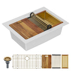 Lordear 18 Inch White Kitchen Sink Granite Composite Undermount Bar Workstation 18x18 White Quartz Sinks Under Counter Single Bowl with Classic Gold Accessories