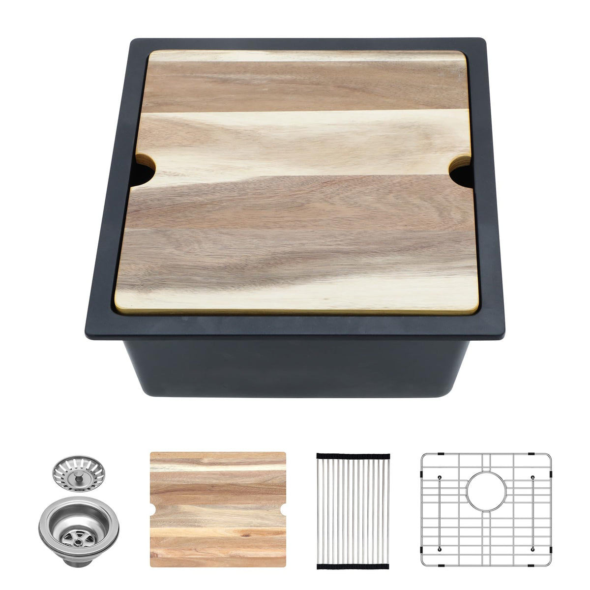 Lordear 18 Inch White Kitchen Sink Granite Composite Undermount Bar Workstation 18x18 White Quartz Sinks Under Counter Single Bowl with Classic Gold Accessories