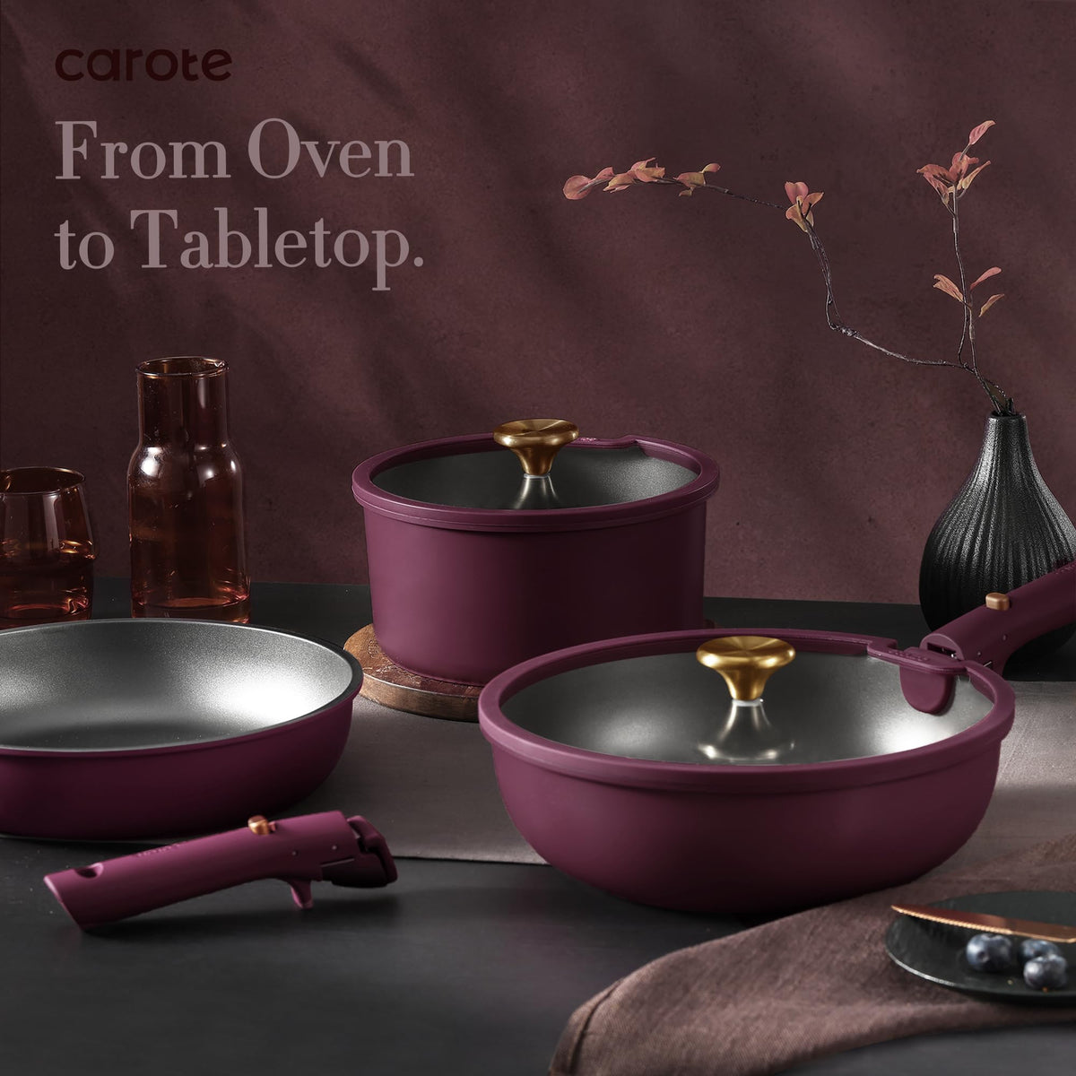 CAROTE 38pcs Pots and Pans Set with Knife, Detachable Handle Cookware