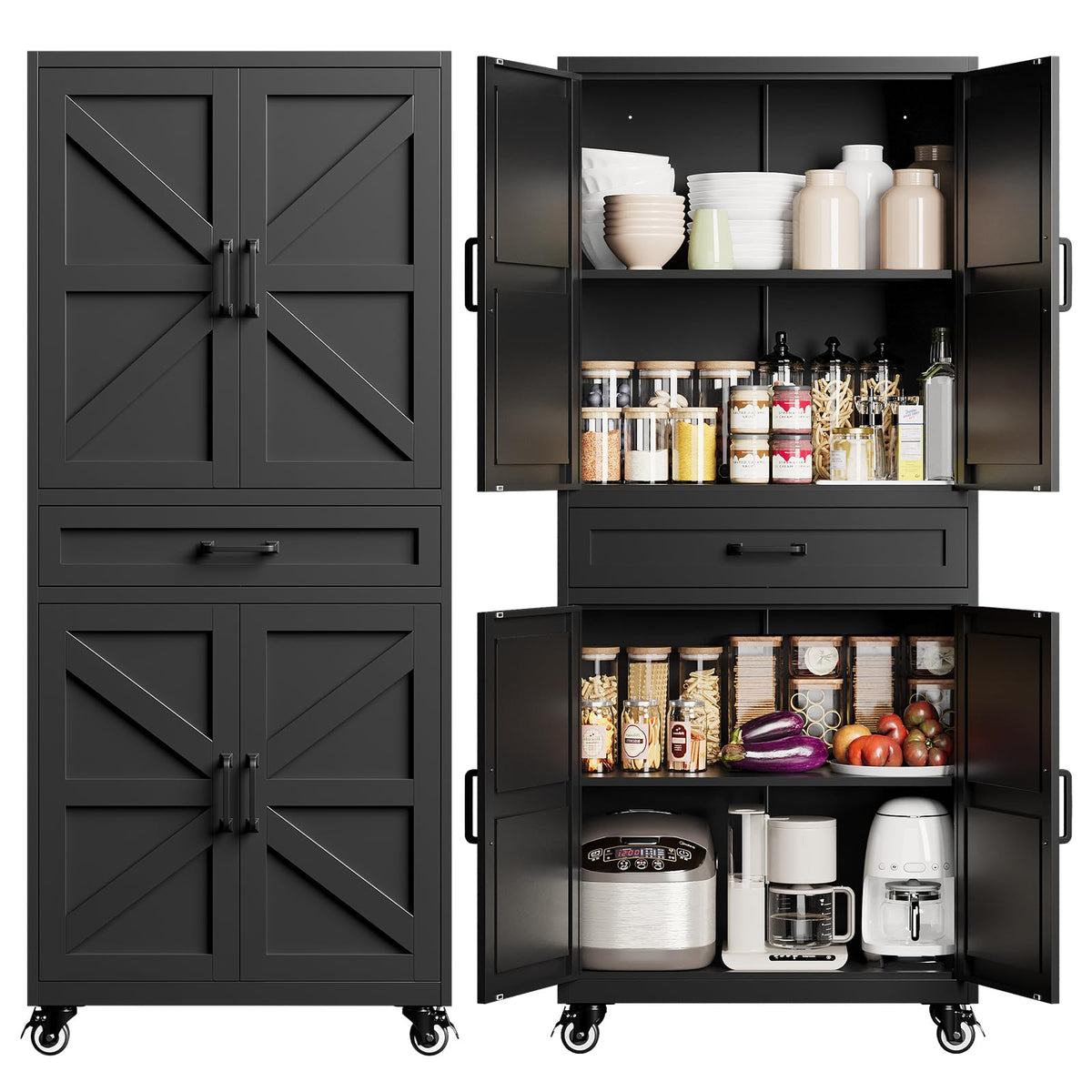 Metal Pantry Storage Cabinets with Doors and Shelves,75" Tall White