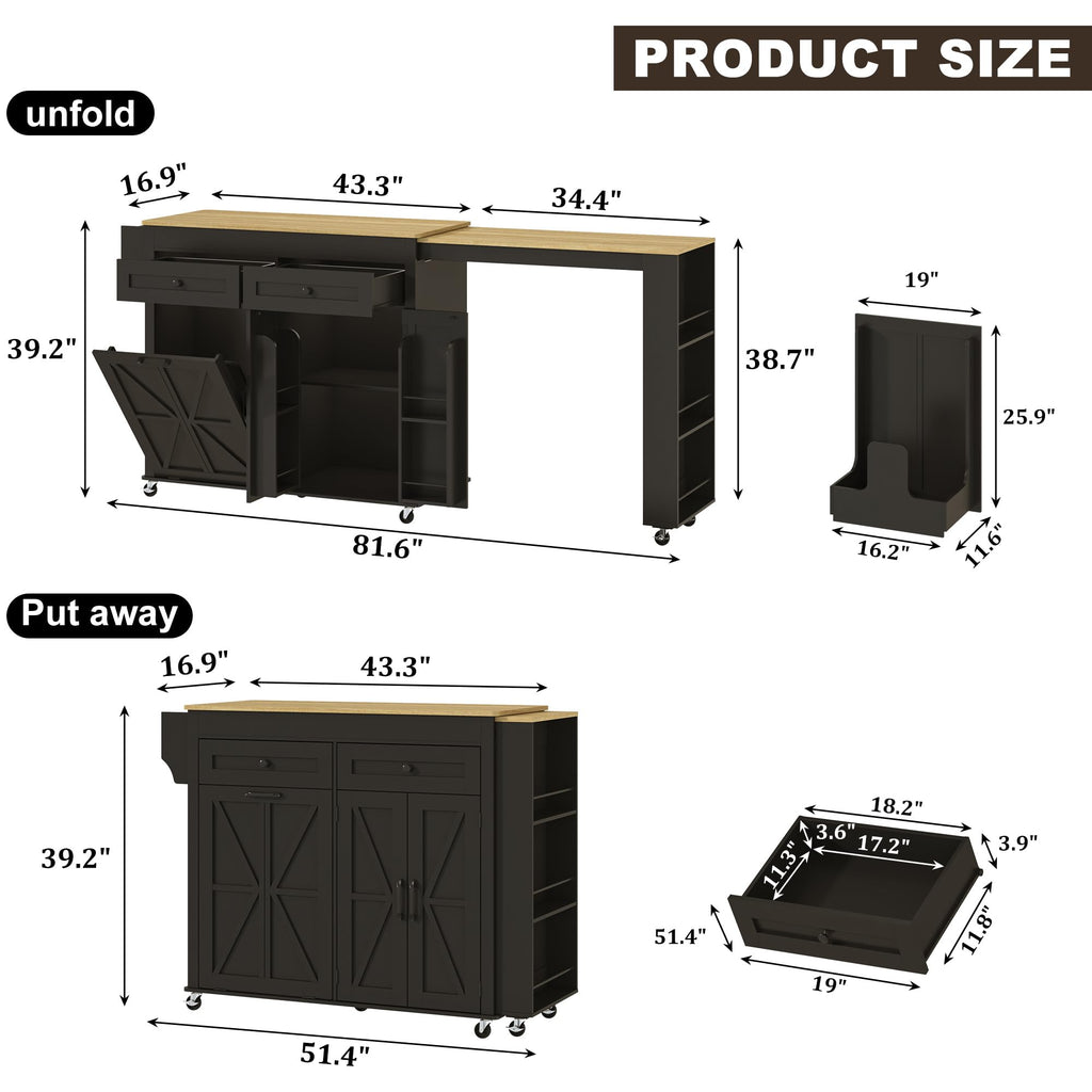 81.6"-51" Extendable Rolling Kitchen Island with Extended Dining Table & Power Outlet, Mobile Kitchen Storage Islands with Trash Cabinet, Large Islands Cart with Storage and 2 Seatings, Black