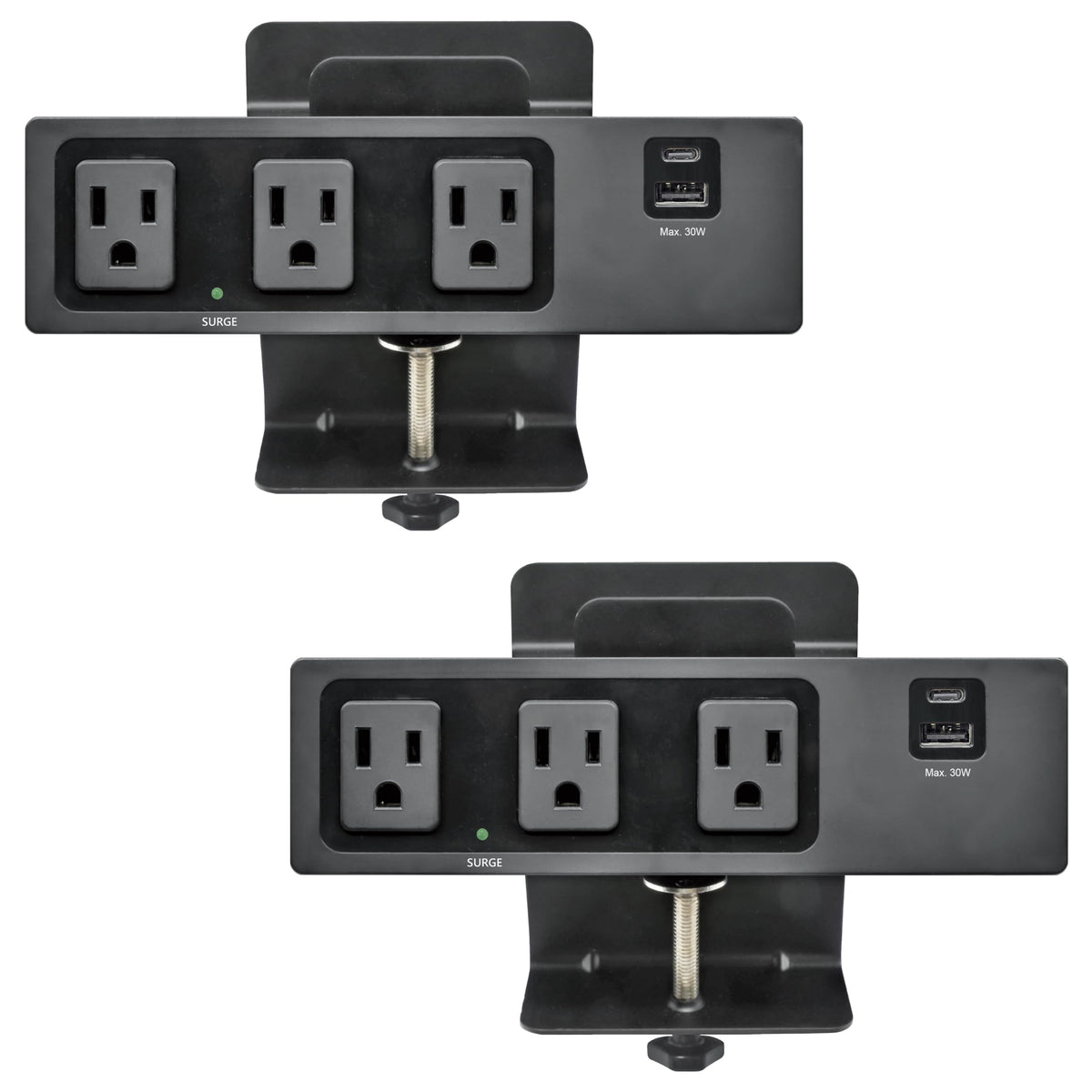 Electriduct Desk Clamp Power Strip Surge Protector 30W USB Type C Fast Charger - 3 AC Outlets, USB-C & USB-A Charging Ports Edge Mount Charging Station, UL Listed, 8FT Extension Cord, Black, 2-Pack