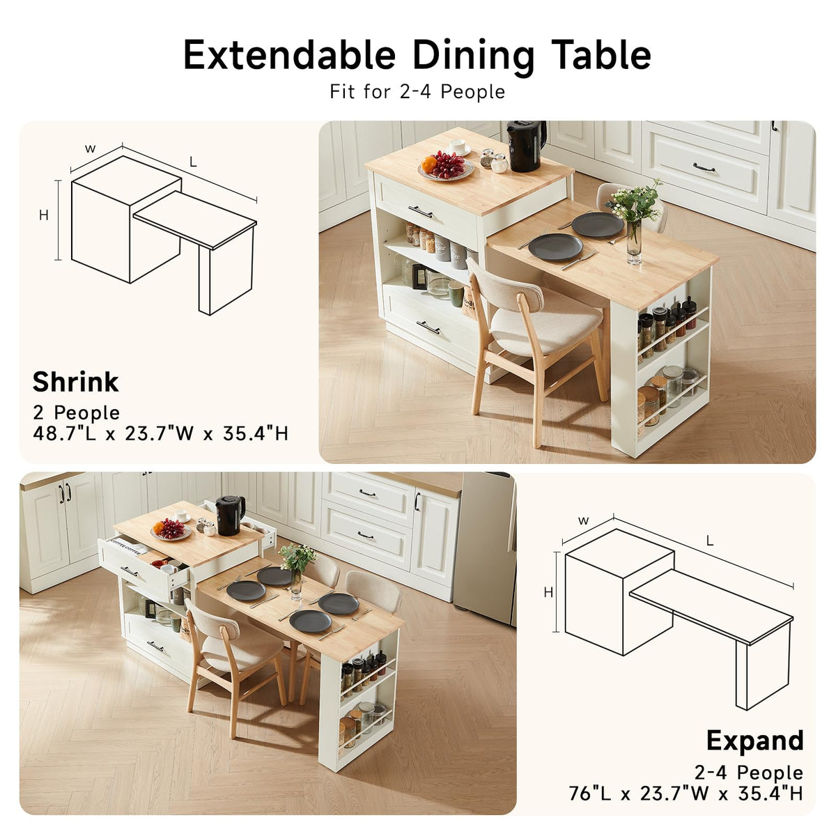 48"-76" Kitchen Islands with Extendable Dining Table, 2-4 People, White