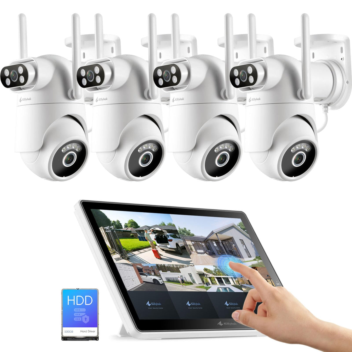 Wireless Security Camera System with 10" Touchscreen Monitor, 2K Dual Lens