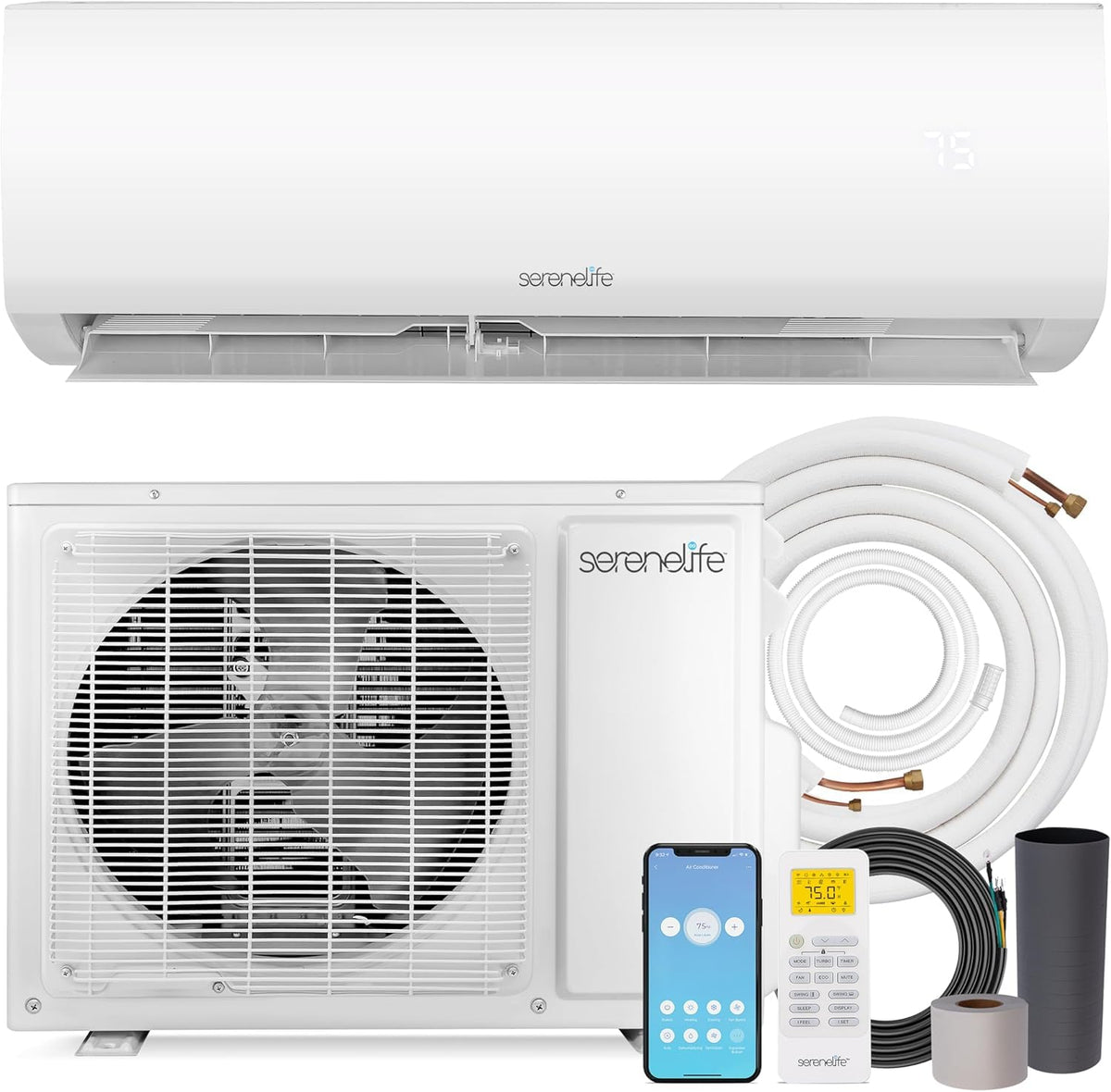 SereneLife 9,000 BTU Mini Split AC & Heating System, 115V Indoor & Outdoor Wall-Mounted Units with WiFi, Installation Kit Included for Home, Office & Bedroom, Up to 450 Sq. Ft. Coverage
