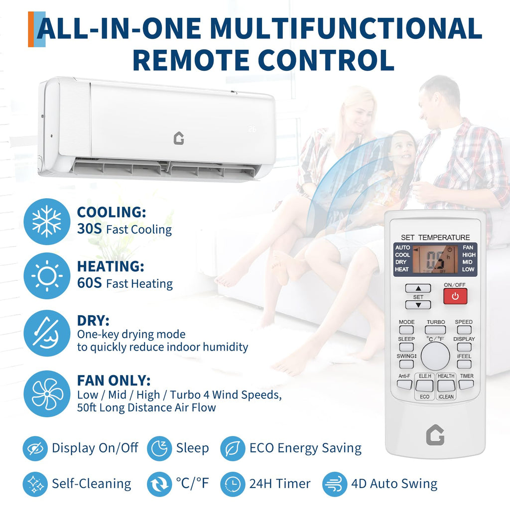 19 SEER2 24,000 BTU Mini Split AC & Heating System – 230V Inverter, Covers Up to 1,500 sq. ft., WiFi & Remote Control, Low Noise, Energy-Efficient Ductless Air Conditioner for Home