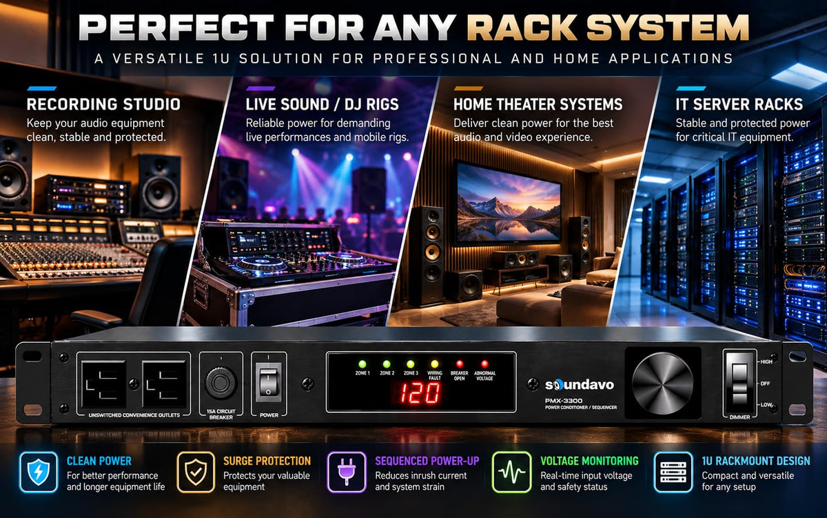 PMX-3300 Power Conditioner and Surge Sequencer 10 Protected Outlets and 3 Zones 15A with LED Voltmeter Display & Pullout Light (Grey)