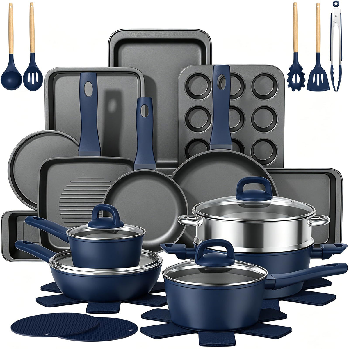 Pots and Pans Set Non Stick, 31 Piece Kitchen Induction Cookware & Bakeware Set, Nonstick Kitchen Cooking Pans Set with Frying Pans Set Grill Pan Saucepan Baking Sheet & Utensils, PFOA Free