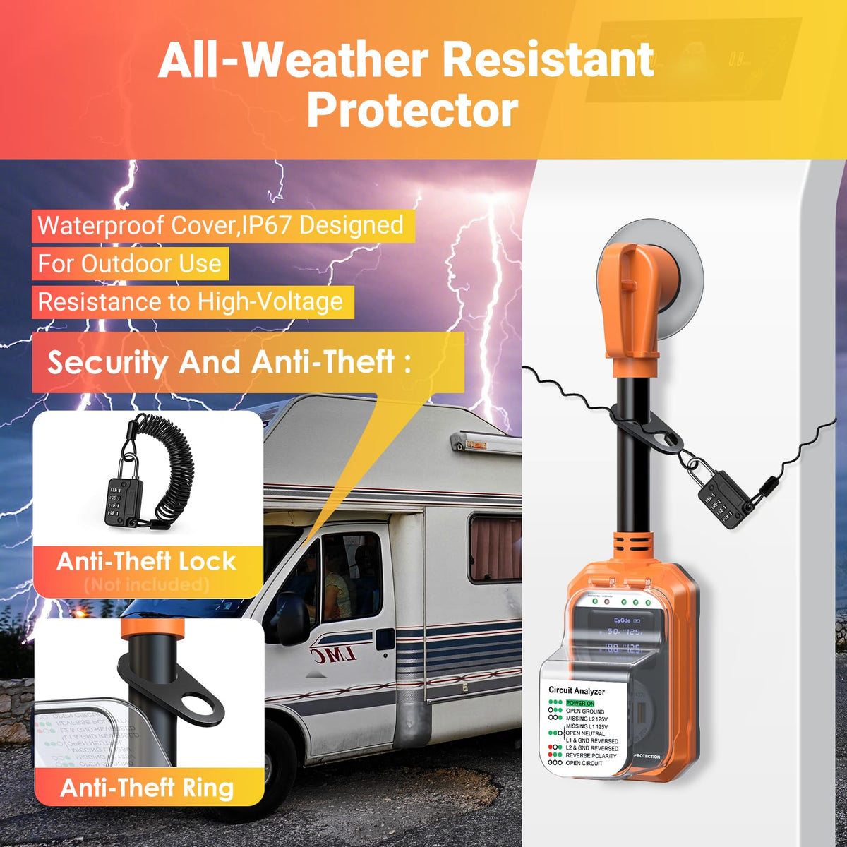 EyGde RV Surge Protector 50 Amp Waterproof - Smart 50 Amp Surge Protectors for RV with Real Time KWH, Voltage Monitor Surge Protector for Camper Travel Trailer(Orange, 50A)