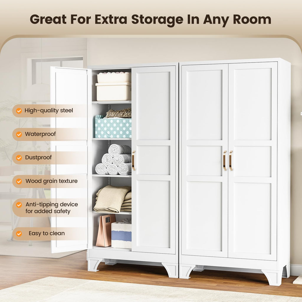 Metal Pantry Storage Cabinets with Doors and Shelves,75" Tall White
