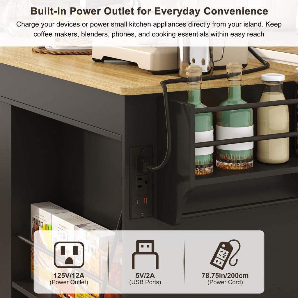 81.6"-51" Extendable Rolling Kitchen Island with Extended Dining Table & Power Outlet, Mobile Kitchen Storage Islands with Trash Cabinet, Large Islands Cart with Storage and 2 Seatings, Black