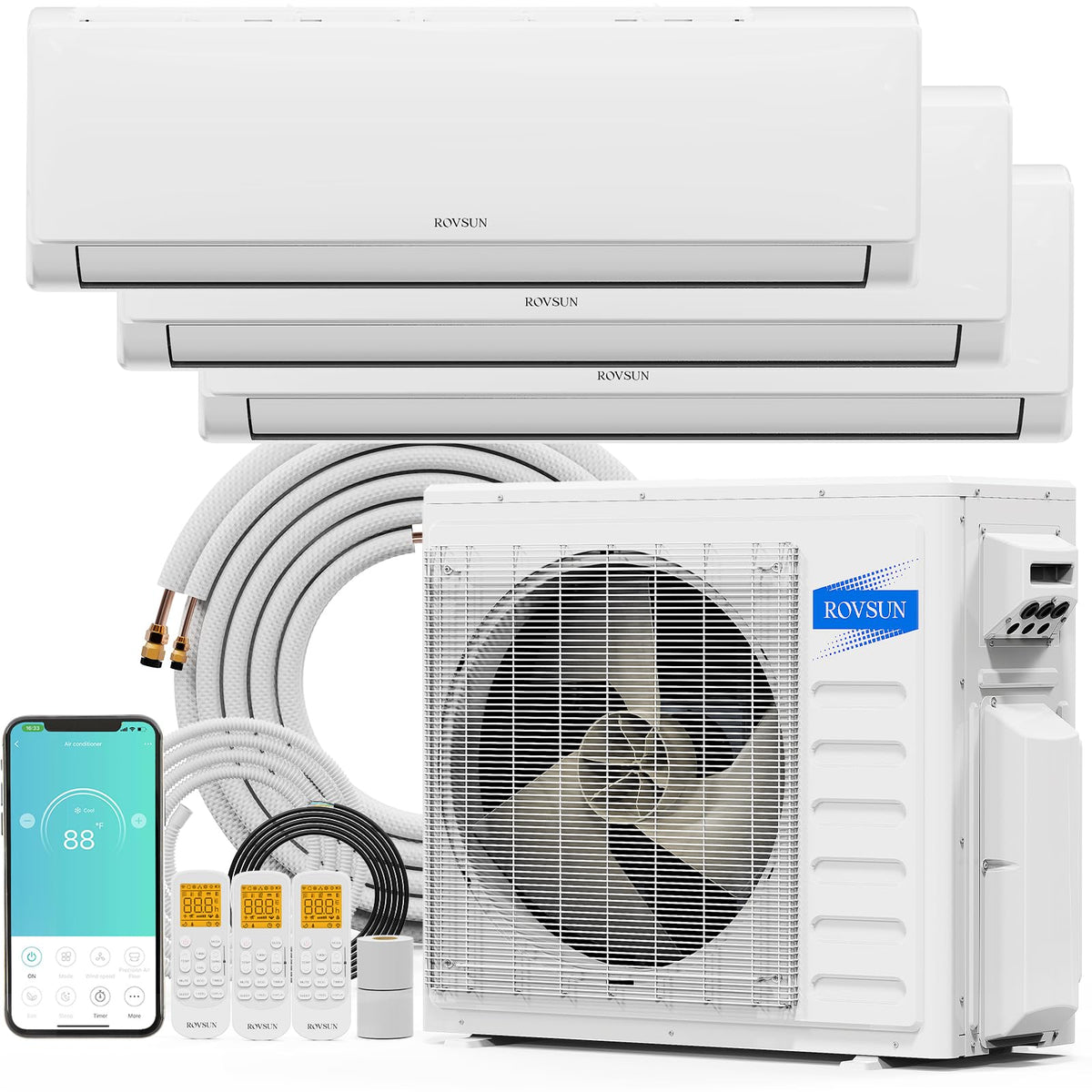ROVSUN 28000 BTU Tri Zone WIFI Mini Split AC/Heating System, 20 SEER2 3 Zone (9K/12K/12K) BTU Ductless Split Air Conditioner with Pre-Charged Condenser, Heat Pump & 25Ft Line Set, 208-230V