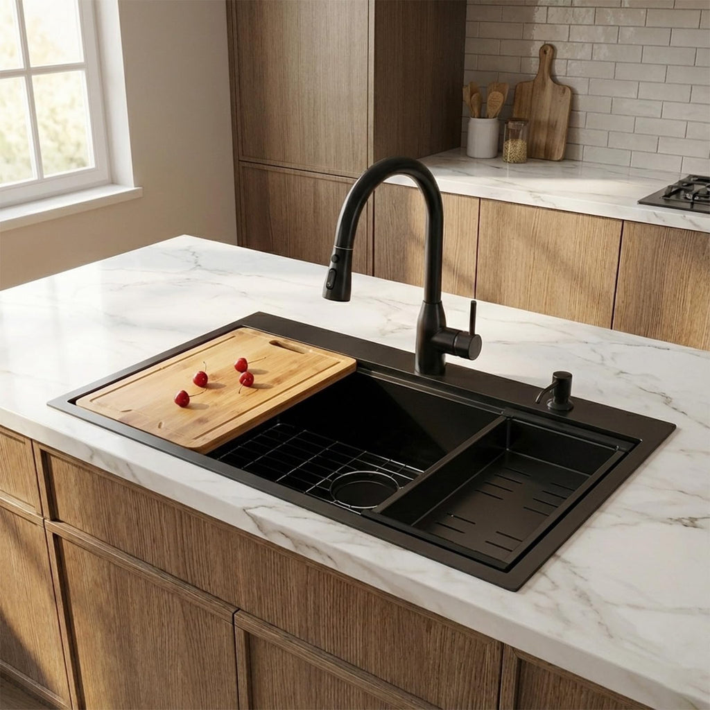 28 Inch Undermount Kitchen Sink Black, 28x18 Gunmetal Black 16 Gauge Stainless Steel Single Bowl Under Mount Commercial Kitchen Sinks 9 Inch Deep Includes Drain