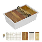 Lordear 18 Inch White Kitchen Sink Granite Composite Undermount Bar Workstation 18x18 White Quartz Sinks Under Counter Single Bowl with Classic Gold Accessories