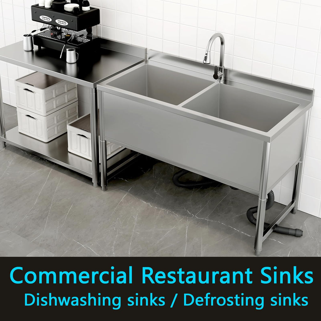 47" Stainless Steel Large Commercial Sink 2 Bowl with Pull-out Faucet