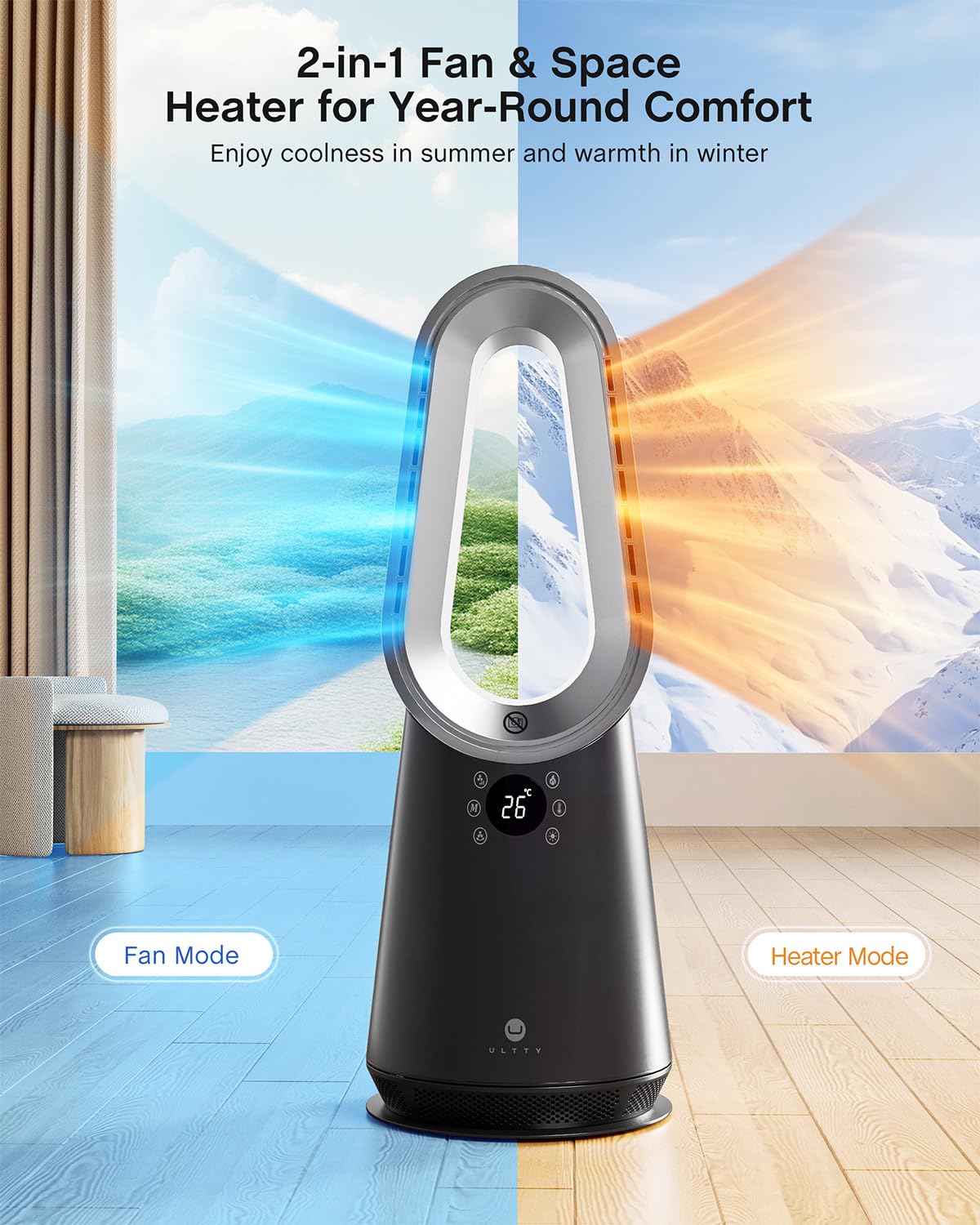 ULTTY Space Heater and Bladeless Fan Combo, 1400W Electric Heater with Remote, 80° Oscillation, 8H Timer, 6-Color Ambient Light, Overheat and Tip-Over Protection, Quiet PTC Heater for Bedroom Office