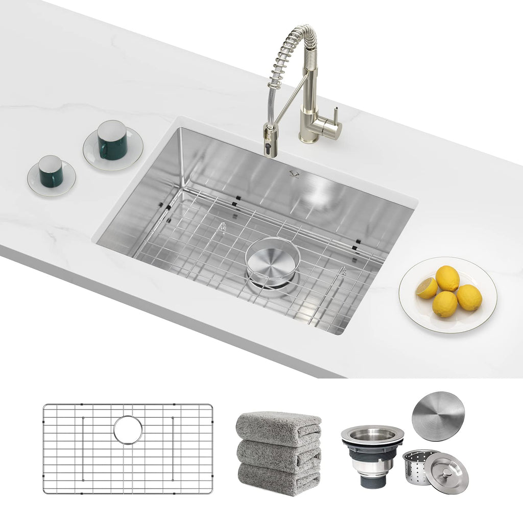 Kitchen Sinks 32x18 Inch Undermount Kitchen Sink Stainless Steel Sink 16 Gauge Single Bowl Set (5 Item Bundle: Sink, Bottom Grid, Drain Assembly, Drain Cap, Towel)