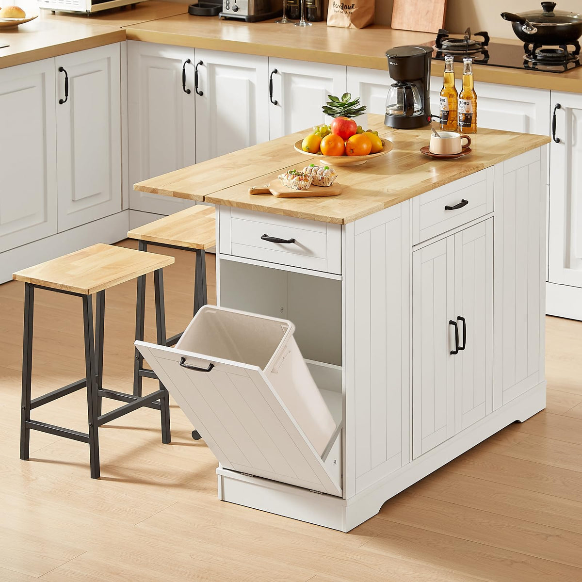 47" Kitchen Island with Trash Can Storage, Include 2 Chairs, Black